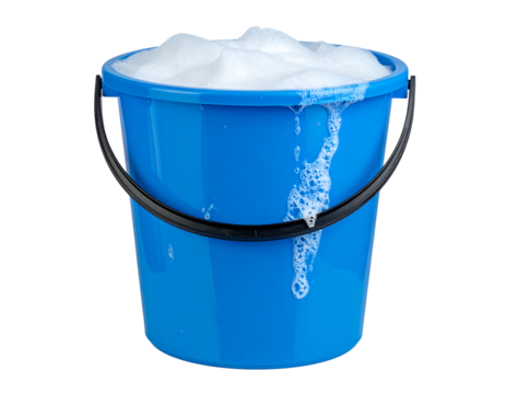 Blue plastic bucket filled with sudsy, foamy water