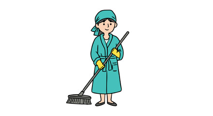 Obraz premium Cleaner in work attire performs cleaning and disinfection in a medical facility with a broom