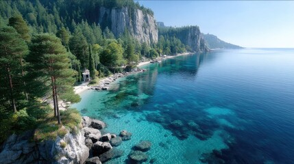 Scenic Cliffside Aerial View with Turquoise Water and Green Trees in Bright Daylight