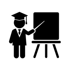 Professor wearing graduation cap is teaching isolated on white background