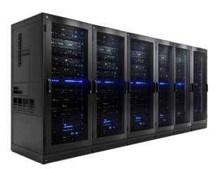 Rows of server cabinets, dark gray metal, illuminated interior components
