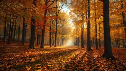 Autumn forest with golden sunlight and colorful leaves