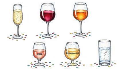 Illustration of various wine glasses filled with different types of wine and water, isolated on transparent background