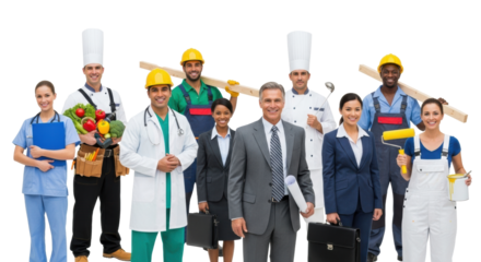 Diverse multi-ethnic professionals (chefs, construction, doctors, business, painter, technician) smiling confidently in a bright white studio with copy space, concept of professional unity