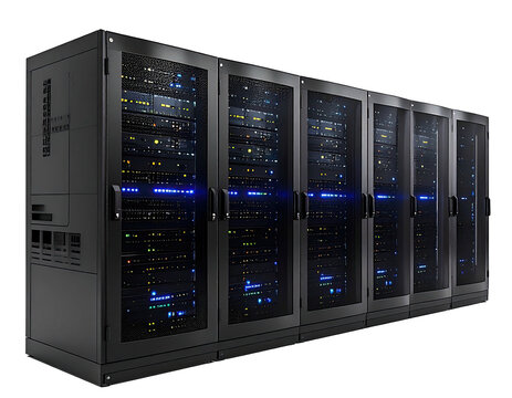 Rows of server cabinets, dark gray metal, illuminated interior components