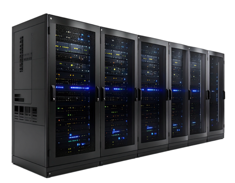 Rows of server cabinets, dark gray metal, illuminated interior components