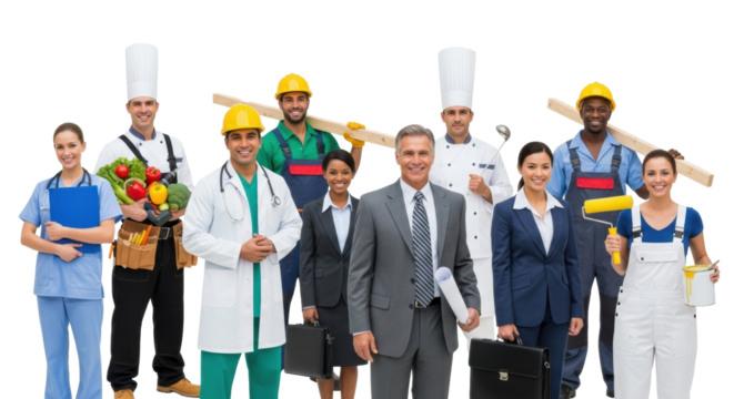 Diverse multi-ethnic professionals (chefs, construction, doctors, business, painter, technician) smiling confidently in a bright white studio with copy space, concept of professional unity