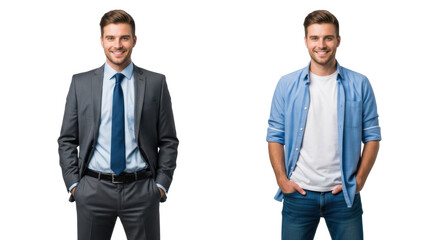 Young caucasian man, mid-20s, smiling, depicted side-by-side in sharp suit and casual jeans on transparent studio background with ample copy space, concept of adaptable personal style