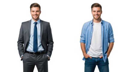 Young caucasian man, mid-20s, smiling, depicted side-by-side in sharp suit and casual jeans on transparent studio background with ample copy space, concept of adaptable personal style