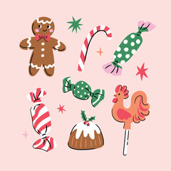 vector christmas candy set in hand drawn style. Funny new year illustration clipart