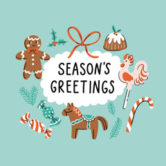 Merry Christmas and Happy Holidays card with New Year tree branches, sweets, bow and text - season's greetings. Festive artistic templates. Vector illustration.