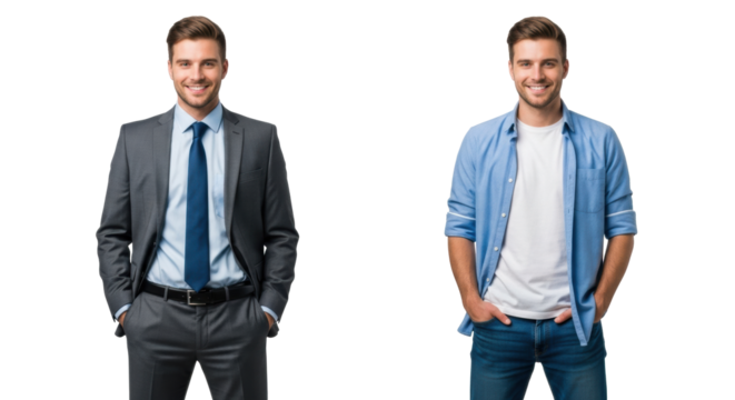 Young caucasian man, mid-20s, smiling, depicted side-by-side in sharp suit and casual jeans on transparent studio background with ample copy space, concept of adaptable personal style