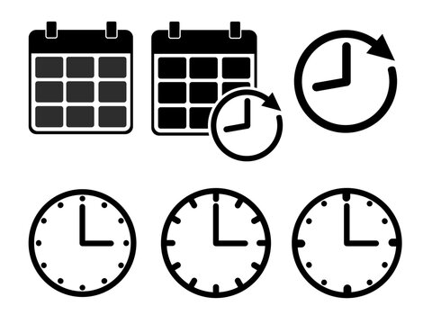 Set of calendar and clock icons, time management, schedule reminder, recurring event symbols, vector illustration