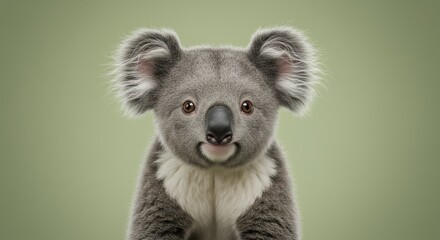 Fototapeta premium Cute koala portrait against soft green background, showing its fluffy fur, round eyes, and sweet calm expression.
