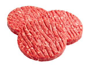 Two raw beef patties, slightly overlapping, showing a criss-crossed texture