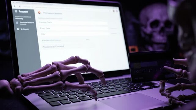 Skeleton hand typing on laptop for Halloween online shopping with festive autumn decor on screen, spooky digital commerce footage.