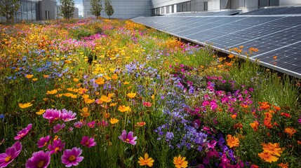 Vibrant wildflower meadow flourishes beside sleek solar panels on modern green roof, showcasing sustainable urban design.