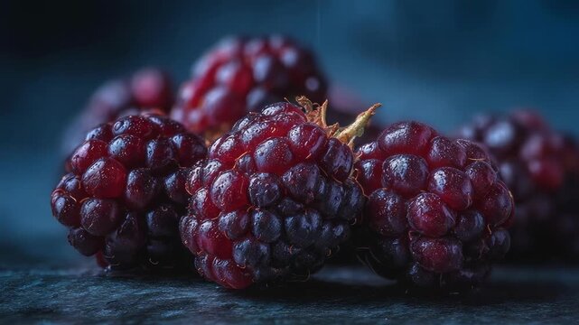 ripe blackberries clustered on a dark blue surface.