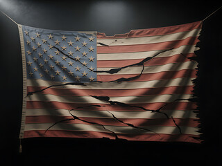 Tattered and torn american flag hanging in darkness with dramatic lighting