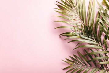 Green palm fronds gracefully overlay a soft pink backdrop, creating a minimalist, tropical-themed aesthetic
