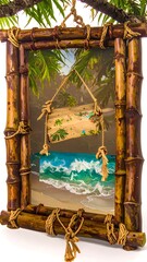 Tropical beach scene in bamboo frame