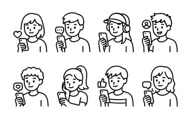 People using smartphones icons set. Chatting, texting, liking and social media reactions. Outline vector illustrations