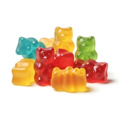 Colorful gummy bears in various shades of red, yellow, green, and blue, creating a delightful and tempting display against a bright white background.