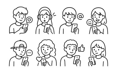 People using smartphones icons set. Chatting, texting, liking and social media reactions. Outline vector illustrations