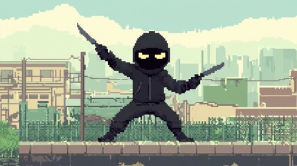 Pixelated ninja character poised for action,  street setting.  Stylish,  retro,  fighting game, urban environment