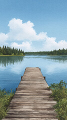 Naklejka premium Explore a Picturesque Lake View with a Serene Dock Set Against a Tranquil Sky and Lush Greenery, Perfect for Relaxation and Nature Lovers Seeking Peaceful Escape.