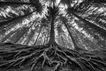 Low angle shot of tall trees reaching into the sky, showing intricate root systems across the ground in grayscale