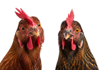 Two curious domestic hens with red combs, one brown and one speckled, tilting heads and gazing directly at viewer on a transparent studio background. Concept of animal curiosity and humor