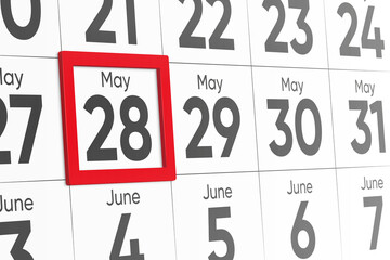 Date 28 May with red frame realistic calendar day design. Red frame shows the date May 28 3d illustration