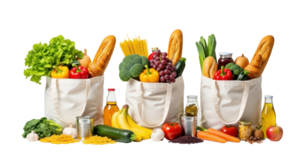 Three white canvas reusable tote bags brimming with fresh groceries including produce, bread, pasta, and bottles on a transparent studio background. Concept of healthy sustainable living