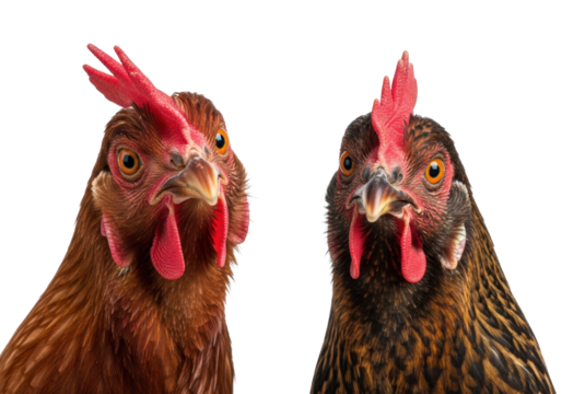 Two curious domestic hens with red combs, one brown and one speckled, tilting heads and gazing directly at viewer on a transparent studio background. Concept of animal curiosity and humor