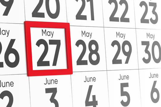 Date 27 May with red frame realistic calendar day design. Red frame shows the date May 27 3d illustration