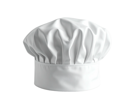 A pristine white chef's hat, smoothly folded and gathered at the crown, with a flat, even base