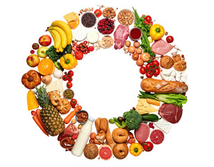 Colorful food circle, various produce, dairy, proteins, and grains arranged in a ring shape on a black background