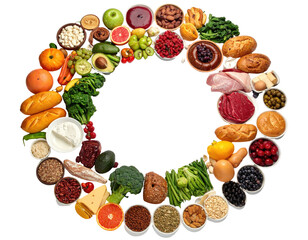Colorful circle of various foods, showcasing a diverse range of fruits, vegetables, grains, dairy, and proteins
