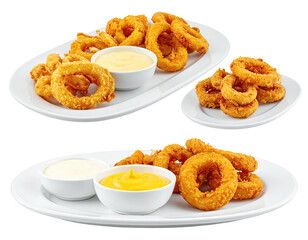 Two plates of golden-brown onion rings, served with dipping sauces