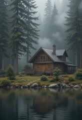Fototapeta premium Serene cabin retreat by misty lake tranquil forest photography nature wide angle calmness