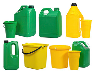 Assorted plastic containers, green and yellow, various shapes and sizes