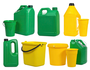 Assorted plastic containers, green and yellow, various shapes and sizes