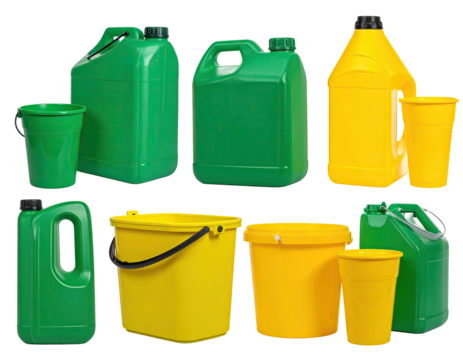 Assorted plastic containers, green and yellow, various shapes and sizes