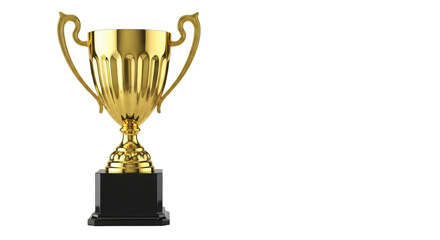 Gleaming golden trophy with ornate fluting and scrolled handles on a polished black base, isolated on a transparent background with copy space, concept of victory and achievement