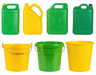 Assorted plastic containers in yellow and green