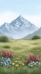Fototapeta premium A Serene Landscape of Majestic Mountains Surrounded by Vibrant Wildflowers in a Tranquil Meadow, Perfect for Nature Lovers and Outdoor Enthusiasts Seeking Scenic Beauty