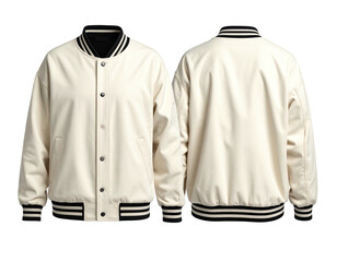 Cream-colored leather bomber jacket, front and back views