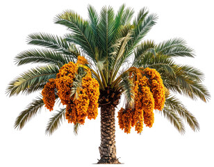 Date palm tree laden with clusters of ripe fruit. Lush green fronds radiate outward from a sturdy trunk