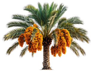 Date palm tree laden with clusters of ripe fruit. Lush green fronds radiate outward from a sturdy trunk